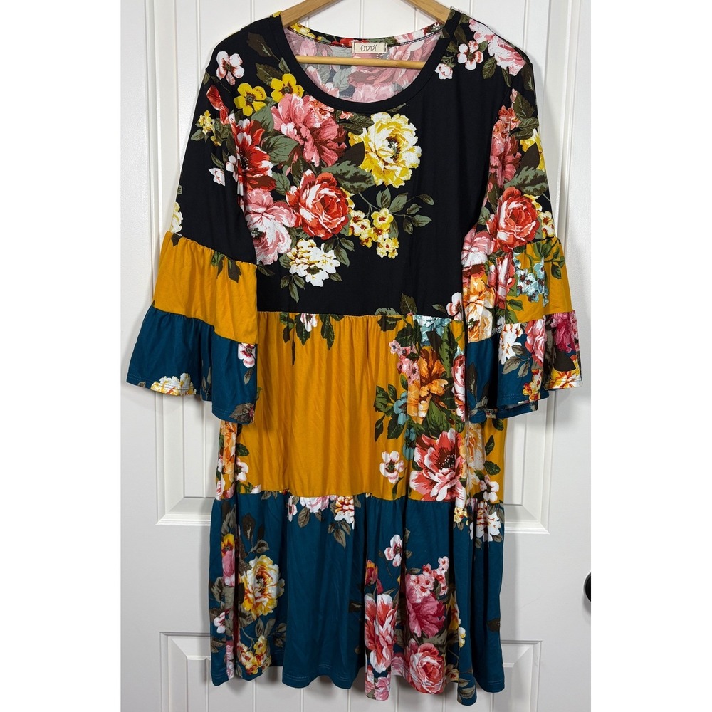 ODDI 2XL Floral Tiered Colorblock Bell Sleeve Dress Black Mustard Peasant Boho
